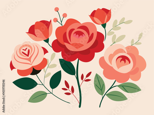 Floral Elegance: A vibrant bouquet of hand-drawn roses in shades of red and pink, exuding a sense of beauty and romance, perfect for romantic and floral-themed projects.