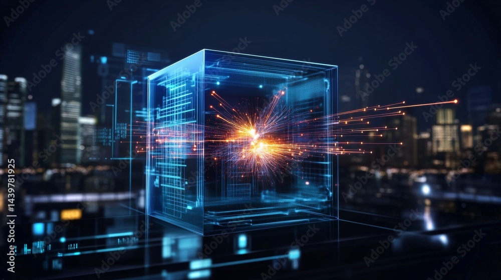 Transparent cube illustrating chain reaction dynamics in a futuristic lab environment