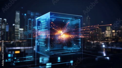 Obraz na płótnie Transparent cube illustrating chain reaction dynamics in a futuristic lab environment w salonie