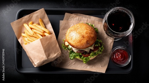 Delicious Gourmet Burger with Fries and Soda on Black Tray