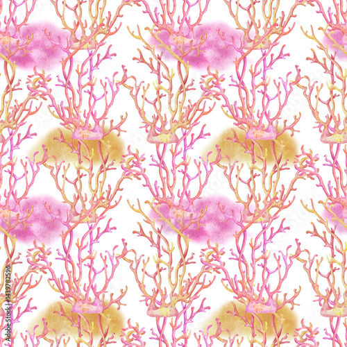 Seamless watercolor pattern with Pink Ocean Coral branch on white background. Abstract floral texture. Perfect for design templates, wallpaper, wrapping, fabric and textile.