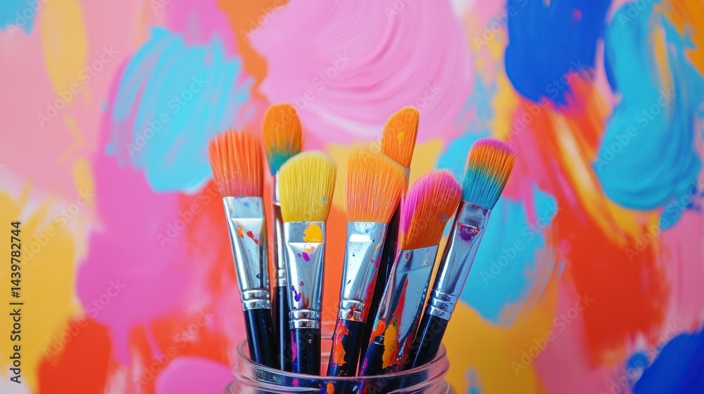 Fototapeta premium Vibrant Paint Brushes in Glass Jar Against Colorful Backdrop