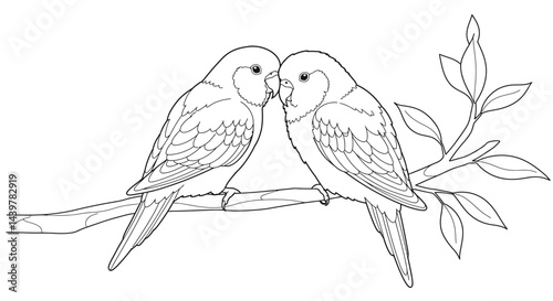 Romantic Two Lovebirds on Branch Illustration for Creative Adult Relaxation