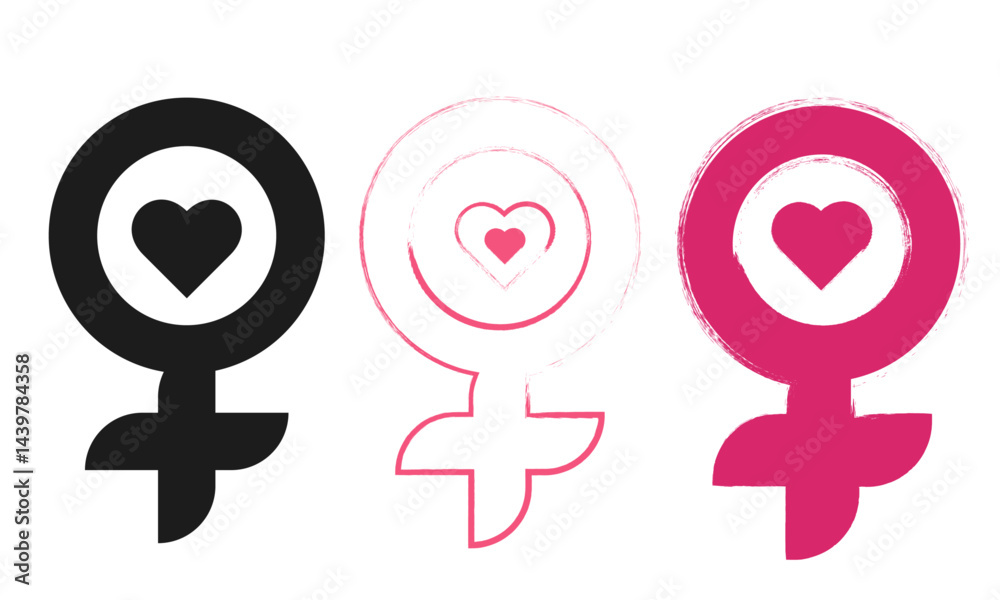 Set of feminism symbols with hearts in grunge style. vector illustration. Set of feminism symbols with hearts in grunge style. vector illustration.
