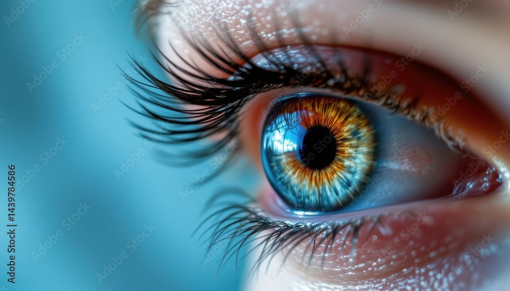 Fototapeta premium close up shot of an eye's intricate iris details, long lashes against a soft blue abstract backdrop