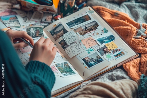 An individual putting together a beautiful scrapbook filled with photos and stickers in a cozy and inspiring craft area