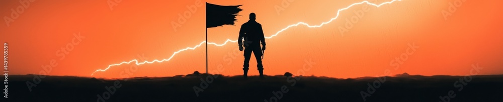 A man stands on a hill with a flag in his hand A man stands on a hill with a flag in his hand