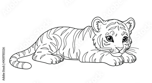 Adorable Baby Tiger Cub Detailed Line Art Adult Coloring Template