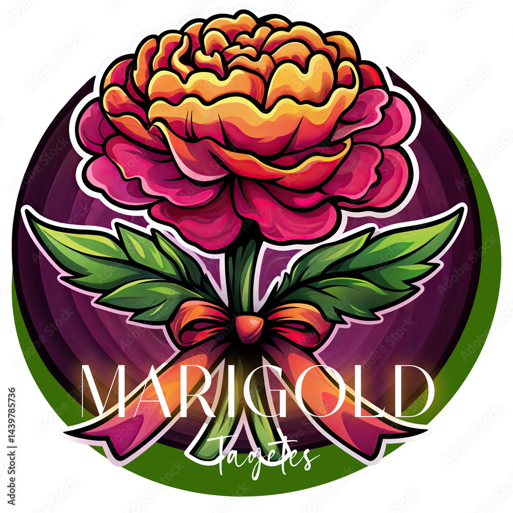 a vibrant marigold flower with colorful petals and green leaves, adorned with a decorative bow at the base. The text
