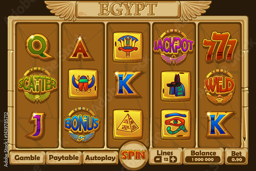 Egypt SLOT UI. Slots menu with standard buttons for game development. Casino slots gameplay main screen. Egypt golden slot symbols