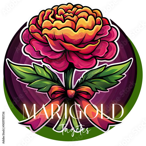 Obraz na płótnie a vibrant marigold flower with colorful petals and green leaves, adorned with a decorative bow at the base. The text