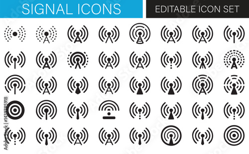 Set of Wireless Transmission and Signal Strength Icons for Tech Projects