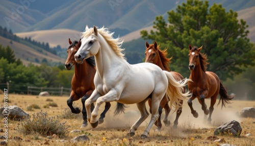 majestic horses galloping freely across an untouched natural landscape, symbolizing grace, strength, and untamed spirit.