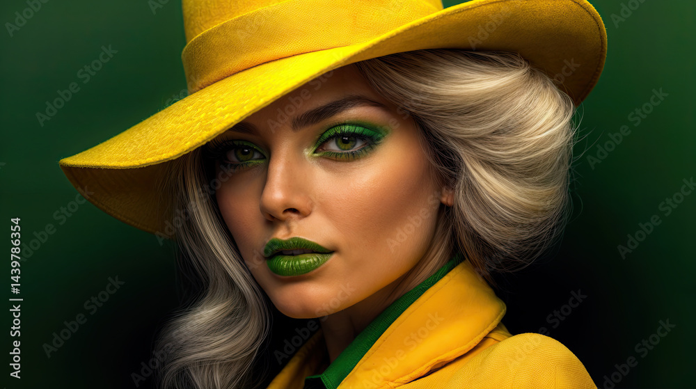 Portrait of a woman with a yellow hat, green eyes, and matching green lipstick against a deep green backdrop.