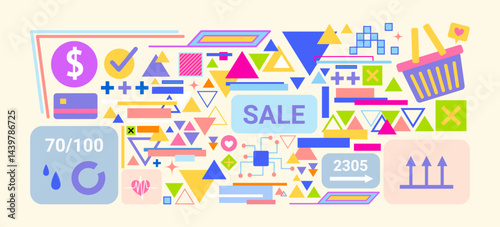 Cartoon Color Different Abstract Geometric Elements and Labels Fashion Set. Vector illustration of Shopping Basket, Dollar and Credit Card