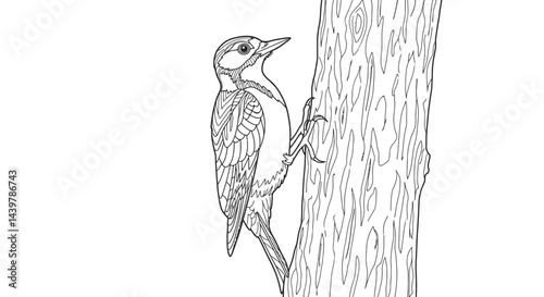 Intricate Woodpecker on Tree Branch Adult Coloring Template Design