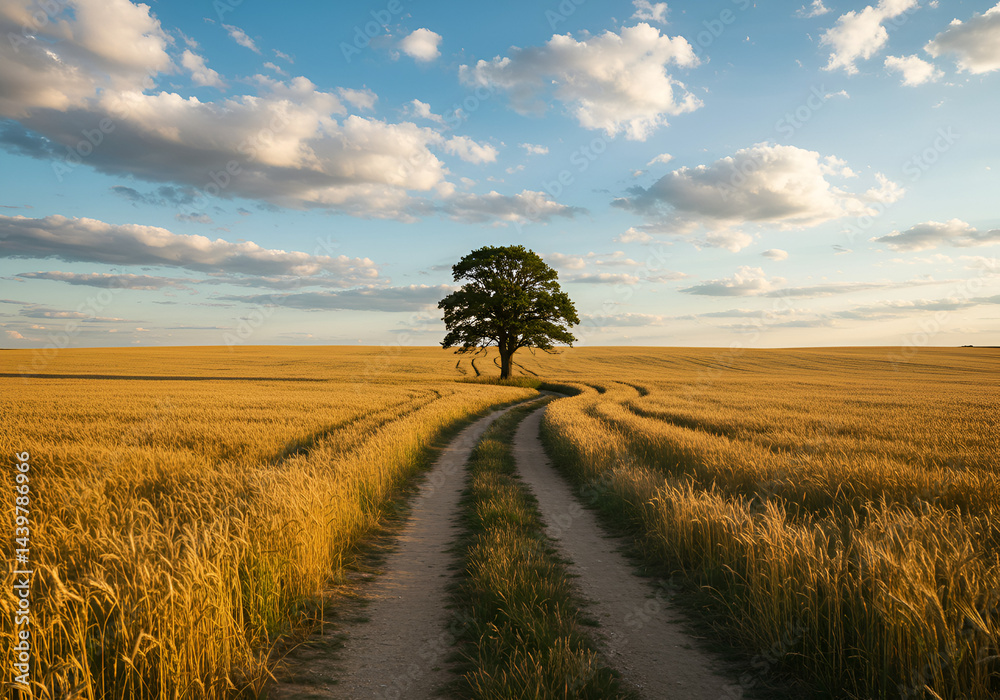 Fototapeta premium Summer Wheat Field with Dirt Road and Lone Tree Under Blue Sky