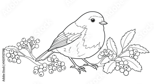 Charming Robin Bird and Winter Berry Branch Adult Coloring Template