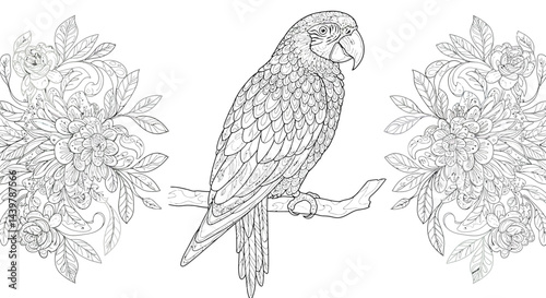 Vibrant Macaw Perched Illustration Bold Outline Adult Coloring Page