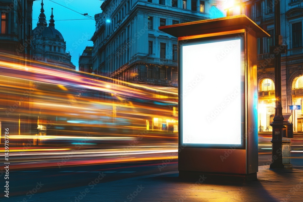 Blank white digital billboard on the blurred night city background. Bus stop with vertical format empty banner. Light Poster. Pylon mockup. Outdoor advertising. Electronic screen in the street Blank white digital billboard on the blurred night city background. Bus stop with vertical format empty banner. Light Poster. Pylon mockup. Outdoor advertising. Electronic screen in the street