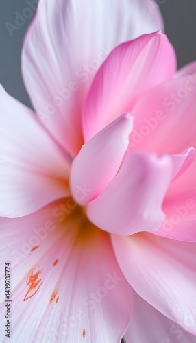 close up of a pink flower on a gray background