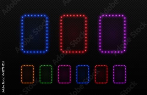 Light neon frame with bulbs. Retro rectangle lamps border for cinema, casino and party advertising. Set of vector led elements isolated on dark background.