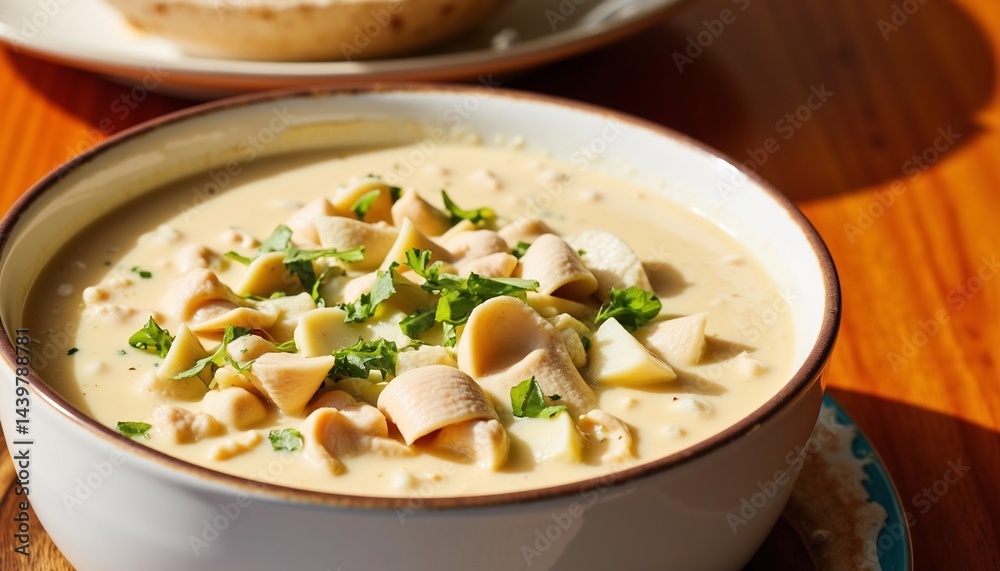 Creamy Chicken Soup With Pasta And Fresh Herbs In A Ceramic Bowl Creamy Chicken Soup With Pasta And Fresh Herbs In A Ceramic Bowl