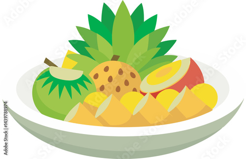 A vibrant vector art illustration of a "Pineapple Passion Platter" fruit salad, featuring colorful tropical fruits beautifully arranged and detailed