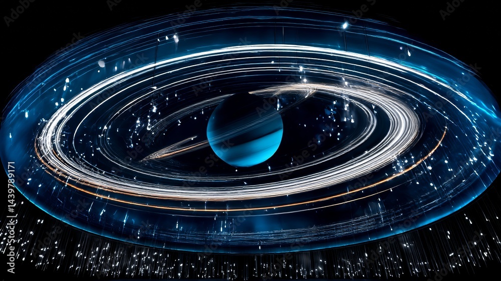 Exploring a holographic dome featuring intricate planetary ring systems in a futuristic setting