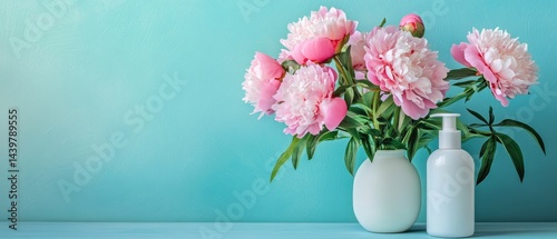 Soft pink peonies with a white lotion bottle, serene skyblue background