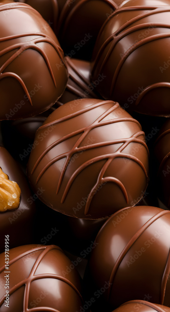 Fototapeta premium Extreme Closeup Belgian Pralines Glossy Finish Delicate Garnishes