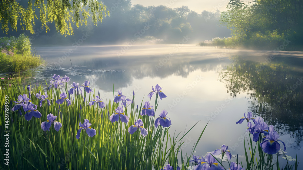 Naklejka premium Serene Morning Mist: Purple Irises by the Lake