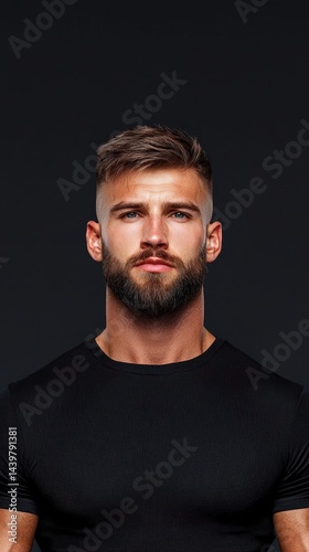 A man with a beard and a shaved head is standing in front of a black background