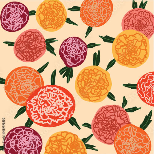 Vector seamless background with carnation flowers in pink colors