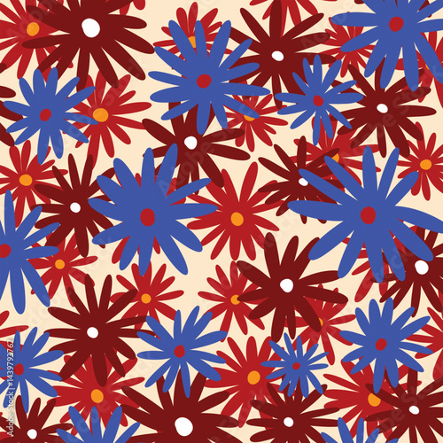 Vector background with flowers of different sizes in red and blue colors