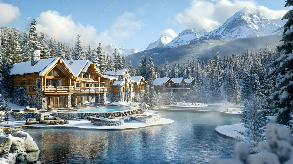Fototapeta premium Luxury Mountain Resort in Winter Wonderland: Cozy Cabins Frozen Lake and Stunning Views