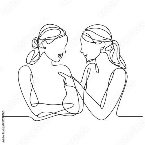 Two Women Talking Trendy Line Art Drawing. People Talking Minimalistic Black Lines Drawing on White Background. Continuous One Line Abstract Drawing. Peoples Modern Design. Vector Black silhouettes. 