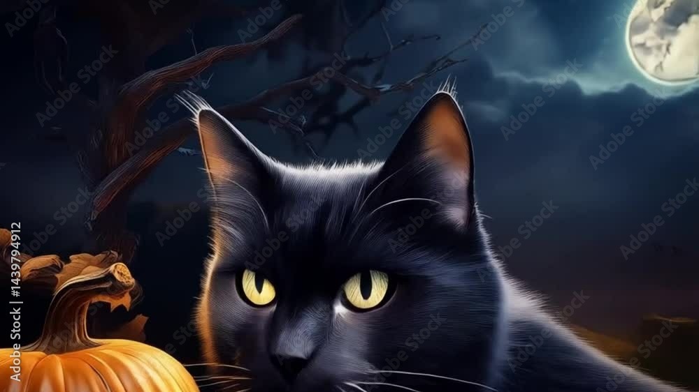 Schwarze Katze und Kürbis auf einer Mauer