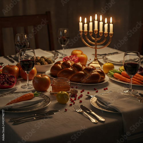 Festive set table for Rosh Hashanah with traditional foods: challah, apples, pomegranate and honey, symbolizing new year. Glowing menorah adds warmth and spirituality. Jewish holidays celebration.