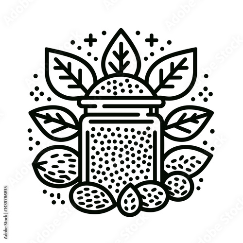 Nut jar illustration, wholesome mood, organic design, on white background, copy space