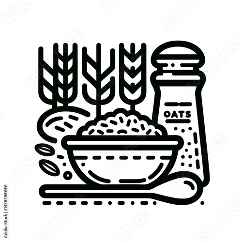 Oats and bowl illustration, wholesome mood, breakfast design, on white background, copy space