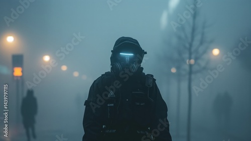Urban worker in protective gear navigating through toxic smog on a polluted city street at night