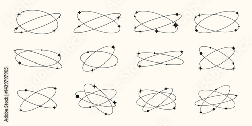 Vector illustration. Set of geometric orbit with dynamic stars, circles, shapes. Design element for poster, book or magazine cover, layout, flyer, post, business or greeting card. Y2K style graphic