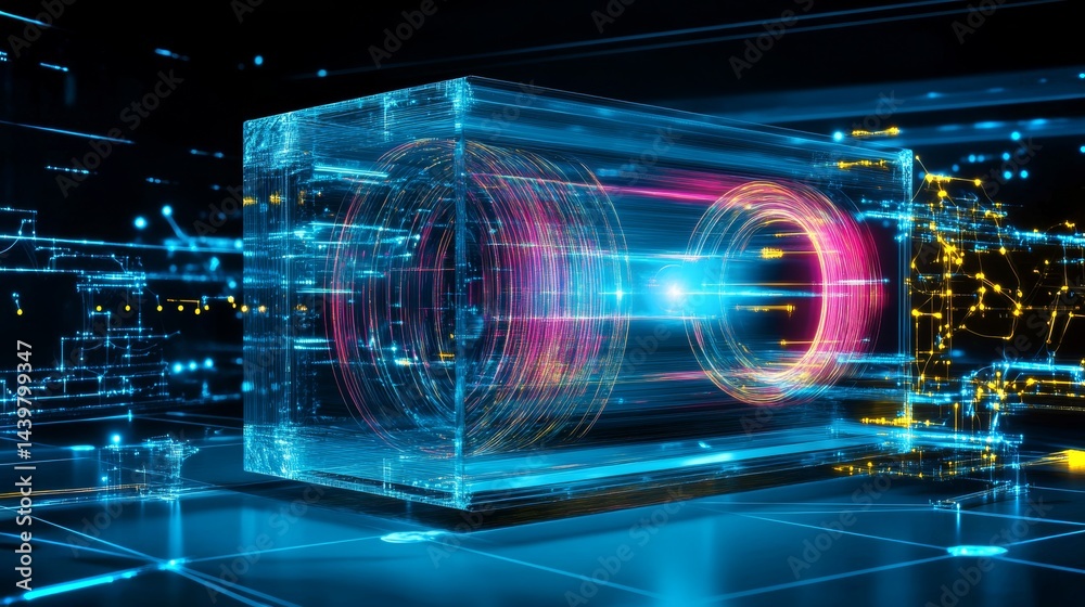 Laser beam in a transparent cube showcasing advanced tech in a conceptual lab