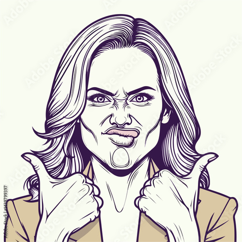 Unfazed Expression: A striking image captures a woman's expressive face, her mouth playfully contorted in a cheeky grimace, thumbs raised in an affirmative gesture, exuding an unconventional charm.