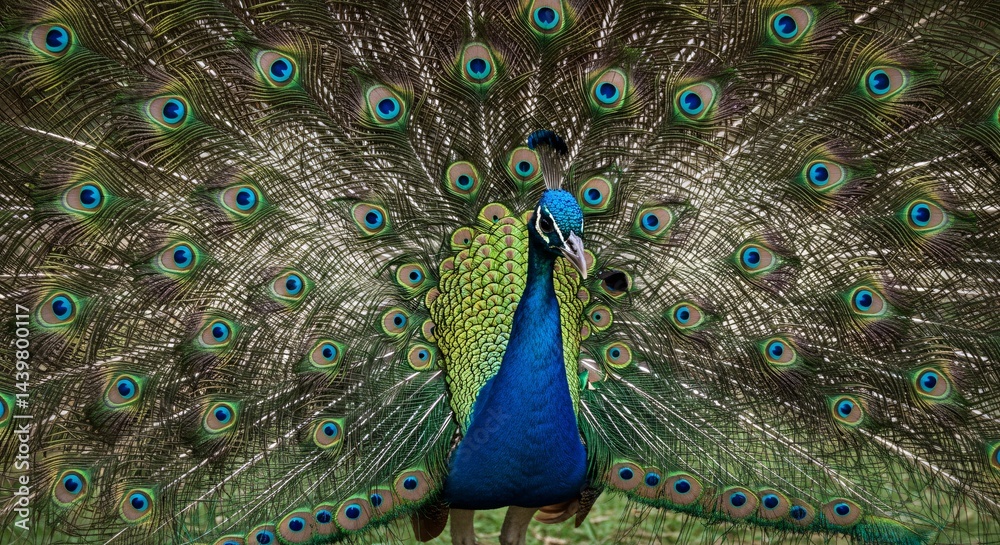 Obraz premium Majestic Peacock Display Vibrant Plumage and Stunning Tail Feathers