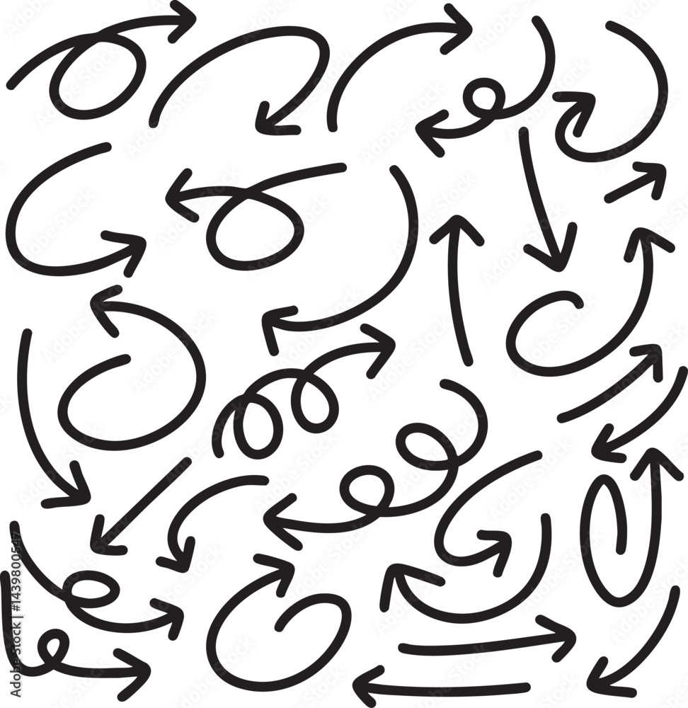 Set of cute pen line doodle element vector. Hand drawn doodle collection of arrows. Design for print, cartoon, card, decoration, sticker. Set of cute pen line doodle element vector. Hand drawn doodle collection of arrows. Design for print, cartoon, card, decoration, sticker.