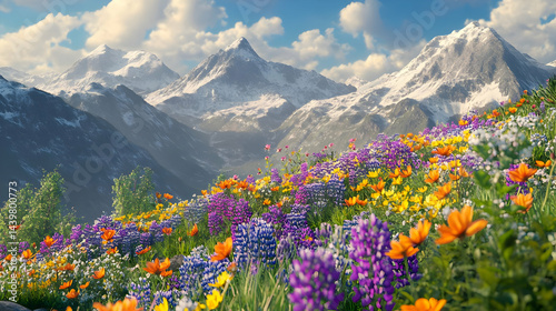 Alpine Meadow in Bloom: Majestic Mountain Scenery