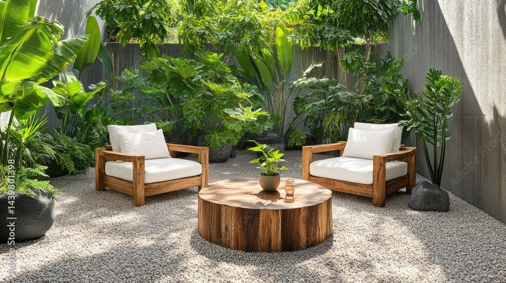 Fototapeta premium Wooden outdoor armchairs and round table on gravel patio, surrounded by potted plants, modern rustic charm