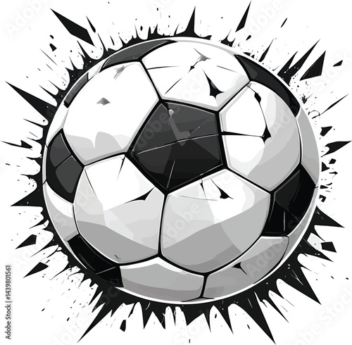 Dynamic Soccer Ball Impact - Black & White Explosive Sports Illustration with Cracking Wall